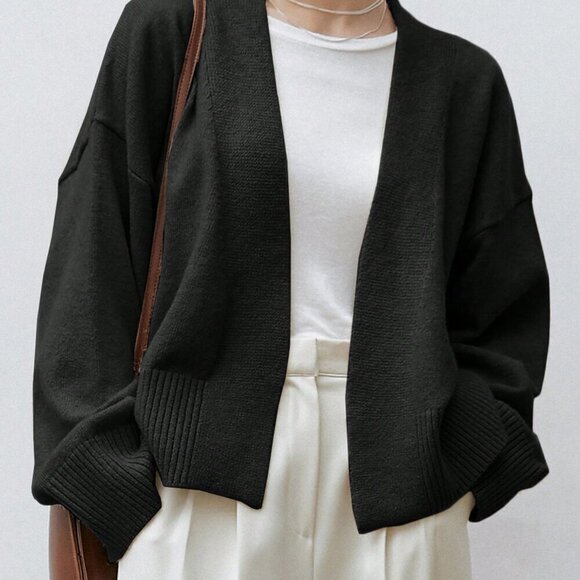 Black Casual Women's Drop Shoulder Belted Cardigan - Picture 5 of 5